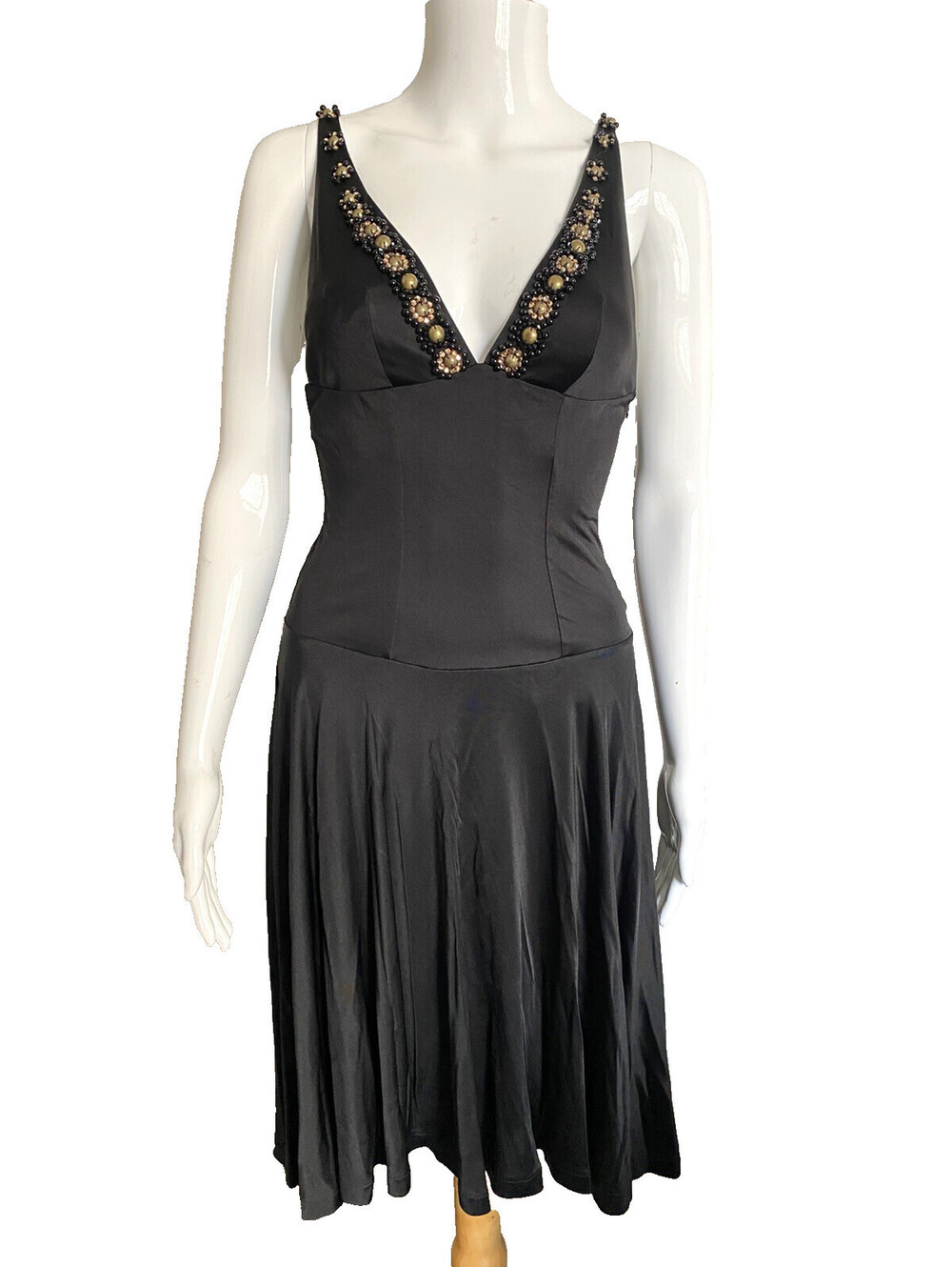 BLUMARINE Cruise IT-38 US-2 Black Jersey Open back Beaded Dress V-neck Sleeveles